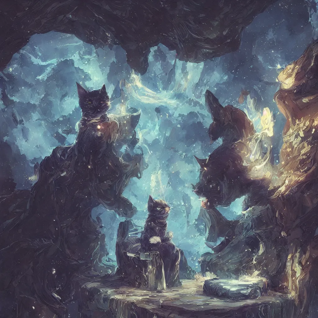 Image similar to anime cat with cloak sitting on a magical wood carved chair, super powers, glowing tiny blue lines, concept art, by greg rutkowski, overdetailed art