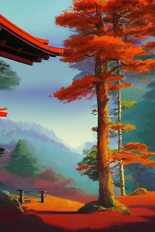 Image similar to traditional Japanese Torii in a colorful moutain with trees ,morning , by Grzegorz Rutkowski, concept art