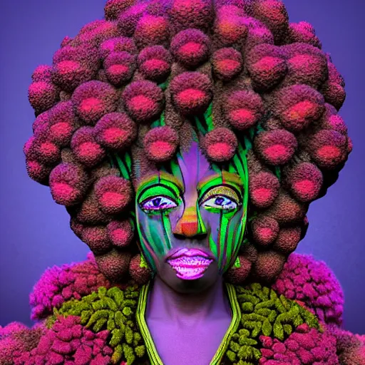 Prompt: a female african marijuanna! shaman with an afro made of flowers, third eye art art by machina infinitum, complexity from simplicity, rendered in octane, mandelbulb 3 d, ambient occlusion, macro photography, felt!!! texture, tribal, pastel! retrowave