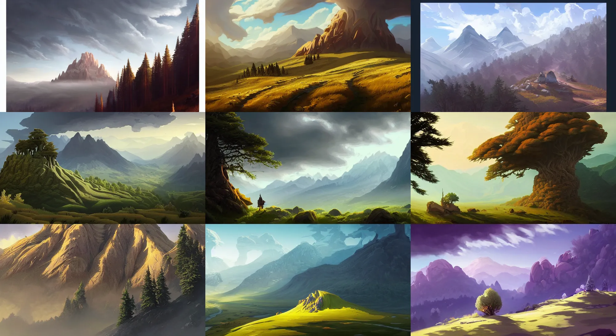 Image similar to mountain landscape without people, high trees, top of the hill, above low layered clouds, deep focus, fantasy, intricate, elegant, highly detailed, digital painting, artstation, concept art, matte, sharp focus, illustration, hearthstone, art by rhads and artgerm and greg rutkowski and alphonse mucha.