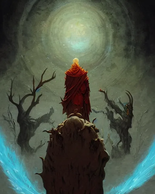 Image similar to a druid standing in a circle at the beginning of the world by greg rutkowski and frank frazetta and peter mohrbacher and william blake and dan mumford