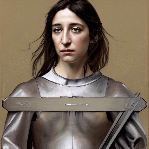 Image similar to portrait of charlotte gainsbourg as joan of arc, hyperreal digital painting, iconography influenced by alphonse mucha and eugene delacroix, arstation and deviantart trends, high resolution 8 k