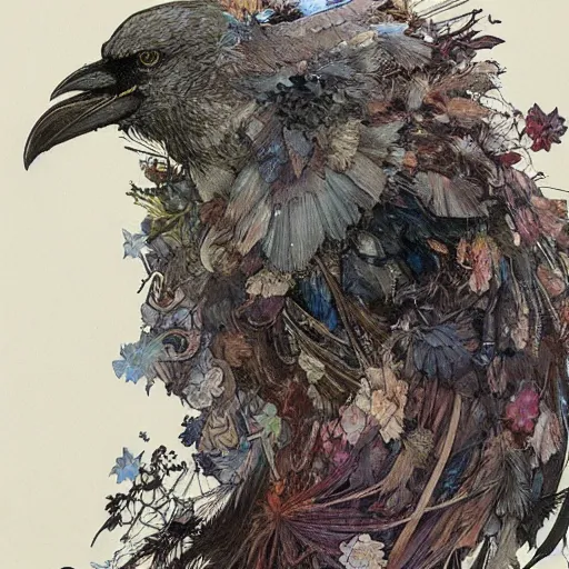 Prompt: a crow in armour surrounded by a reef of feathers, pencil and ink, very detailed, greg rutkowski and alphonse mucha,