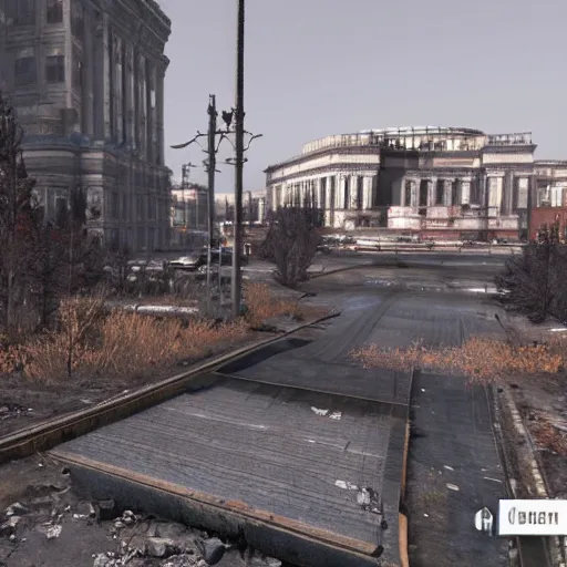 Image similar to Bolshoi Theater, Moscow in ruins post-nuclear war in Fallout 4, in game screenshot