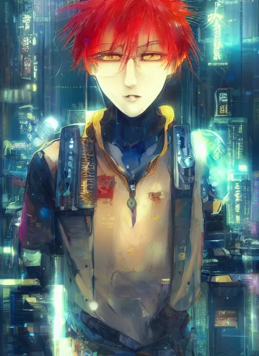 Image similar to manga cover, red-haired teenager with yellow skin and blue facial markings, short hair, intricate cyberpunk city, emotional lighting, character illustration by tatsuki fujimoto