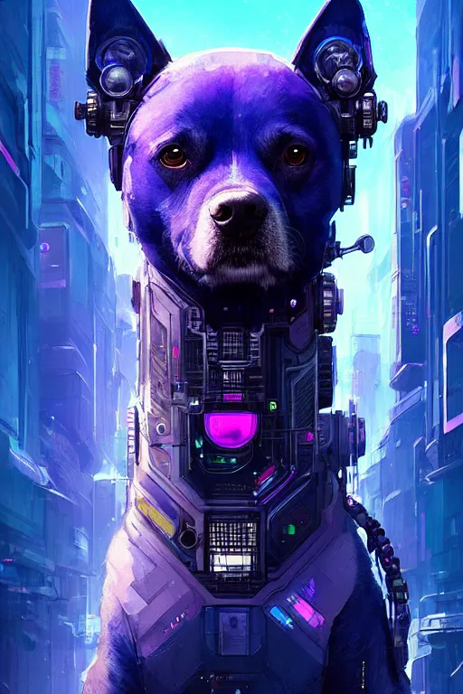 Image similar to a beautiful portrait of a cute cyberpunk dog by greg rutkowski and wlop and sandra chevrier, purple blue color scheme, high key lighting, volumetric light, digital art, highly detailed, fine detail, intricate, ornate, complex, octane render, unreal engine, photorealistic