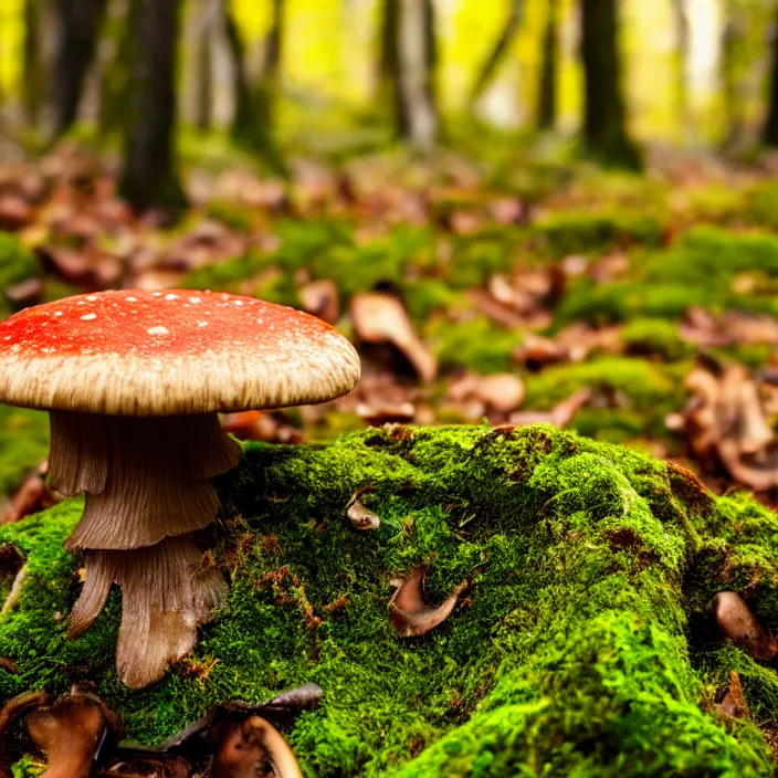 Prompt: a mushroom in a forest, moss, autumn, warm colors, photograph, 4 k