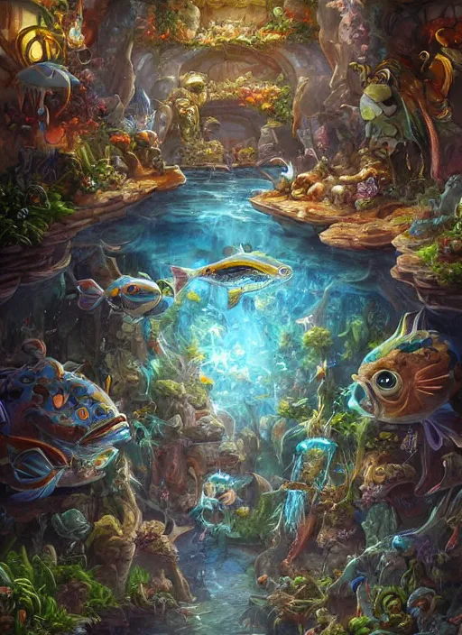 Image similar to people observing lots of beautiful fish in an underground aquarium corridor, in the style of tony sart, fantasy art, ray tracing, water droplets, highly detailed, artstation trend, highly detailed and intricate, sharp focus, photography, unreal engine 5