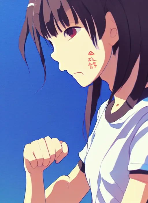 Image similar to portrait of high school runner girl, sunny sky background stadium landscape illustration concept art anime key visual trending pixiv fanbox by wlop and greg rutkowski and makoto shinkai and studio ghibli and kyoto animation real face short down hair sports clothing marathon race sponsors nike shirt