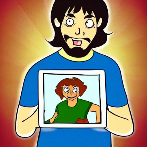 Image similar to shaggy from scooby doo holding laptop cartoon, disney, children's illustration, character