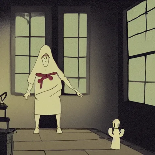 Prompt: the magician with a black robe inside a abandoned house, shadows, lurker, studio ghibli, anime