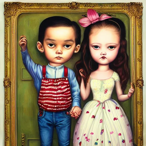 Prompt: a couple and their child portrait, living room wall background, lowbrow art, by Mark Ryden and Hikari Shimoda