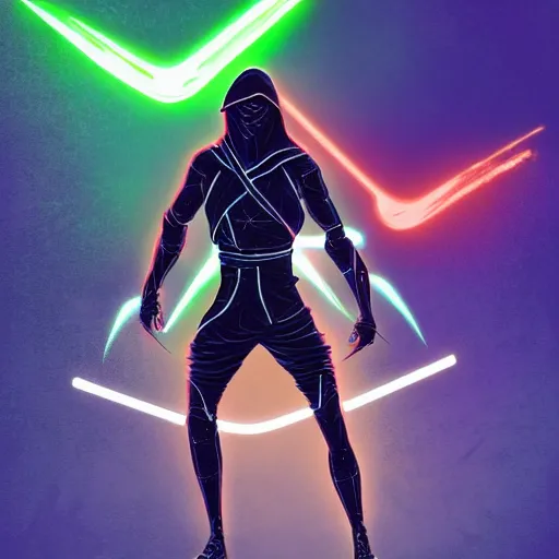 Image similar to concept artwork of a hooded ninja warrior in cyber and dark clothes, neon green lines, trending on artstation, 8 k 3 d full hd, by dan mumford, j. m. w. turner, franz xaver winterhalter