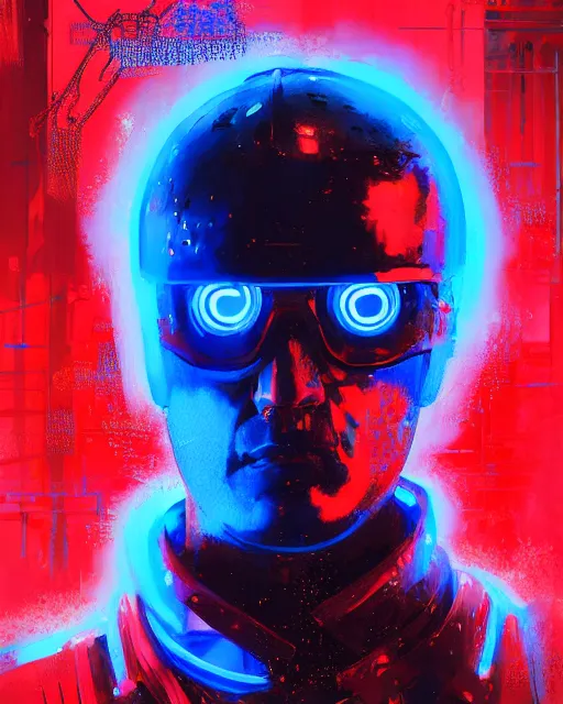 Image similar to detailed full body Blue Neon Emperor Nero, cyberpunk futuristic neon, reflective red coats, decorated with traditional Rome ornaments by Ismail inceoglu dragan bibin hans thoma greg rutkowski Alexandros Pyromallis Nekro Rene Maritte Illustrated, Perfect face, fine details, realistic shaded, fine-face, pretty face