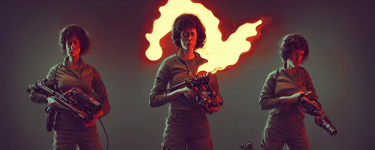 Image similar to duotone dark concept illustration 3 / 4 portrait of ellen ripley with flame thrower. cinematic volumentric lighting space. golden ratio accidental renaissance. by sachin teng and sergey kolesov and ruan jia and heng z. graffiti art, scifi, fantasy, hyper detailed. octane render. concept art. trending on artstation