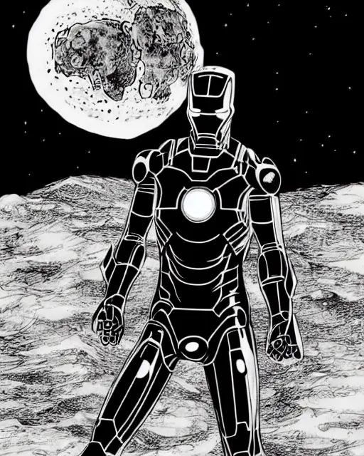 Image similar to black and white sad iron man with shawarma on hands, stay on the destroed moon, wires earth background, by tsutomu nihei