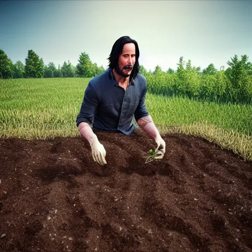 Prompt: keanu reeves planting potatoes in belarus, instagram photo, photorealistic, hyper detailed, hyper realistic, houdini, vfx, unreal engine 5, octane render, 8 k, full hd