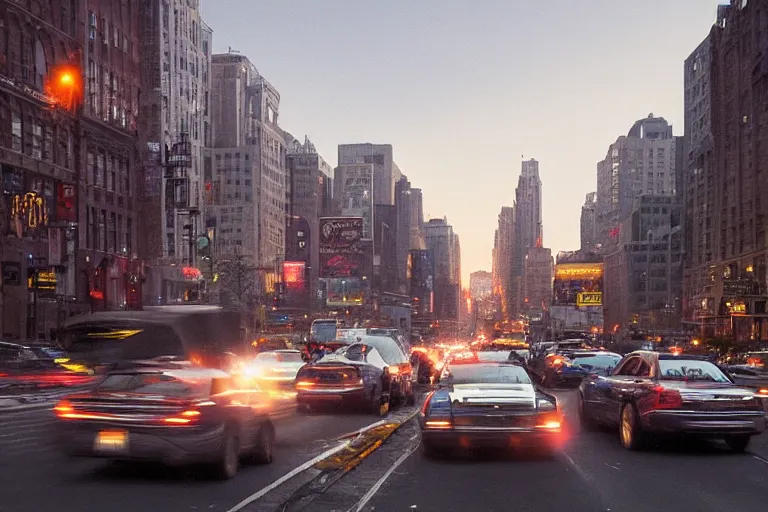 Prompt: beautiful national geographic photo traffic jam on the streets of neo new york in evening by greg rutkowski, 4 k, extreme details