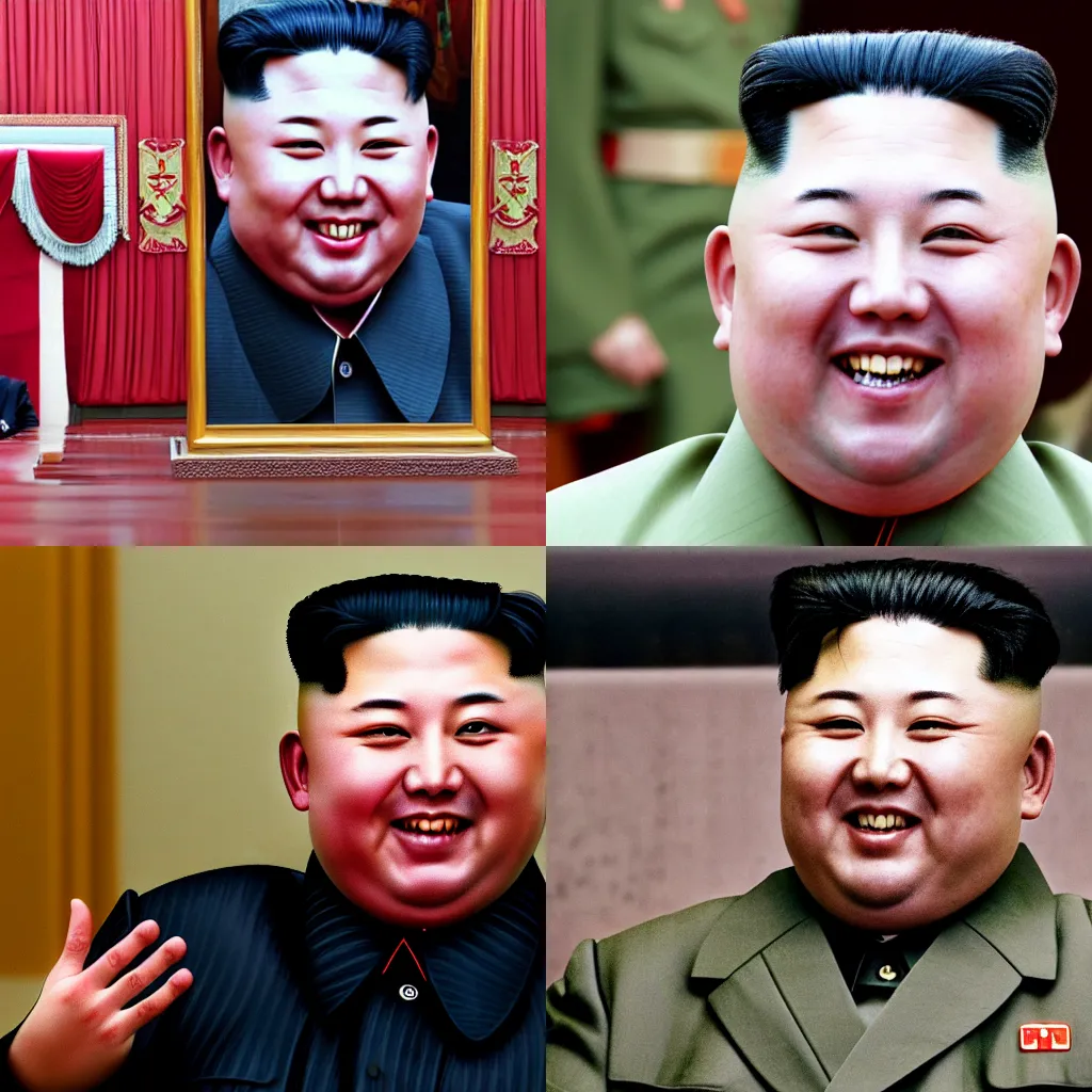 Prompt: portrait of creepy smiling kim jong un looking straight at a camera