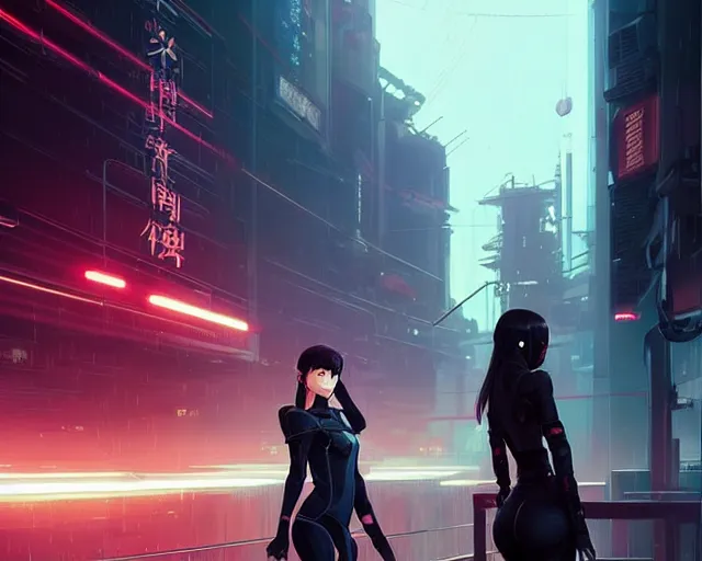 Prompt: Beautiful full body portrait of beautiful cyberpunk woman by Greg Rutkowski and Krenz Cushart and Pan_Ren_Wei and Hongkun_st and Bo Chen and Enze Fu and WLOP and Alex Chow, Madhouse Inc., anime style, crepuscular rays, set in rainy futuristic cyberpunk Tokyo street, dapped light, dark fantasy, feminine figure, smooth skin, gorgeous, pretty face, beautiful fashion model body, high detail, hyper realistic, cgsociety, trending on artstation