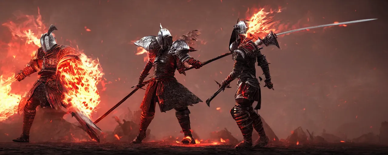 Prompt: flaming knight warrior with sword ::3 standing infront of a white citadel ::2 , dark souls 3 style art, game, unreal engine, ultra graphics, motion blur, ray tracing, light rays