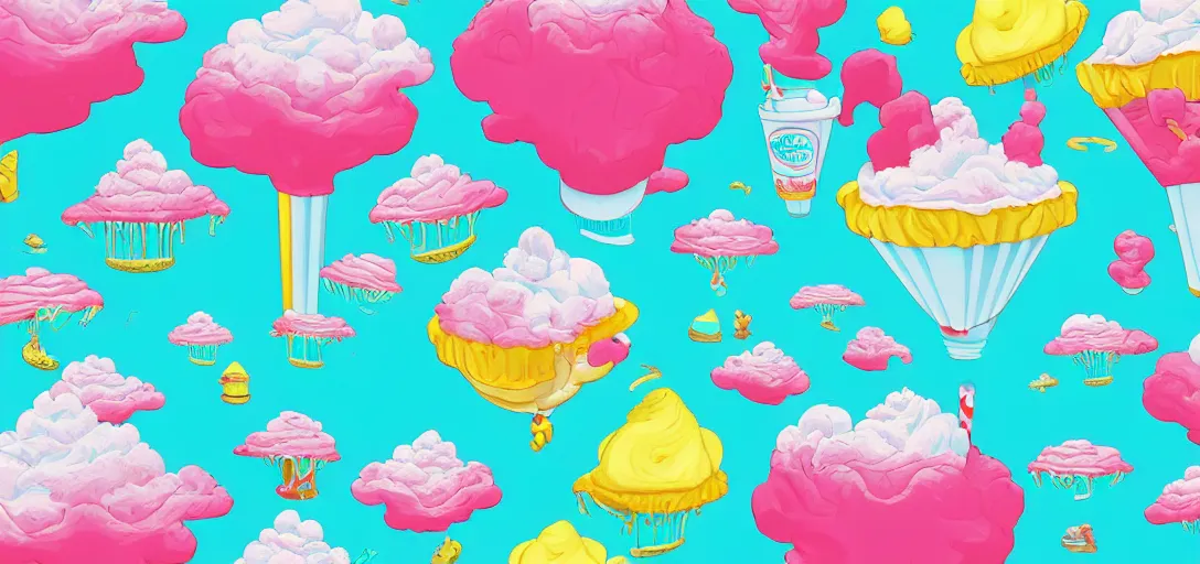 Image similar to air spun cotton candy milkshake island by Tara McPherson, vivid colors, high contrast, 8k resolution, intricate, photorealistic, smooth