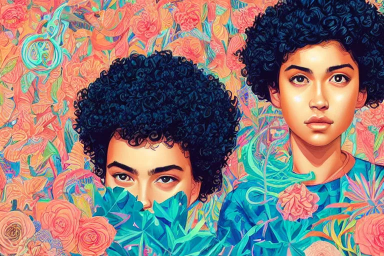 Image similar to a hispanic girl with medium length curly hair, and a short - bearded mixed race man with short curly hair, tristan eaton, victo ngai, artgerm, rhads, ross draws