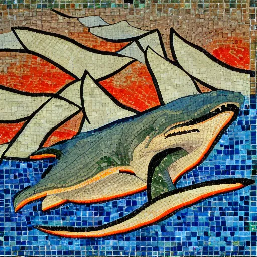 Image similar to impressionist mosaic of shark eating squid