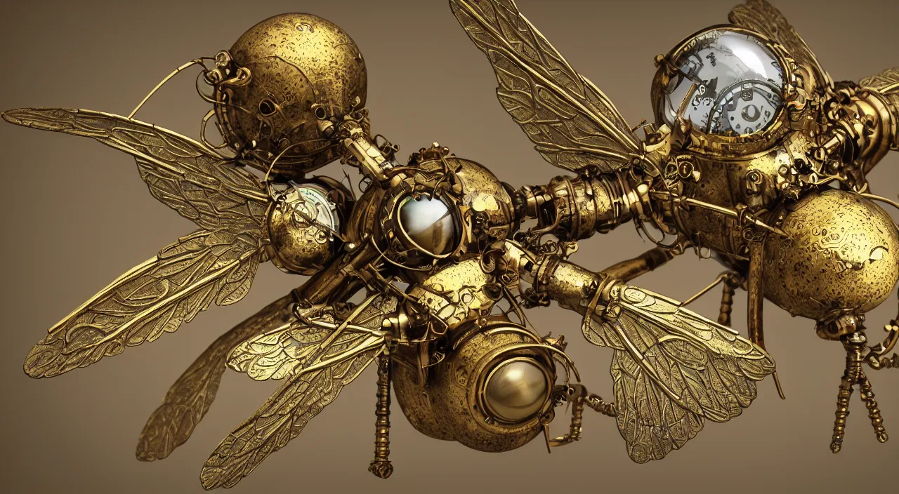 Prompt: brass steampunk housefly with stained glass wings sitting on a leaf. clockwork. gears, pipes. goggles. rivets. octane render. highly detailed.