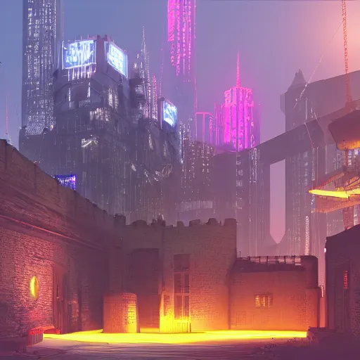 Image similar to cyberpunk landscape of medieval london with a castle. neon. night scene. glow. digital art. octane render.