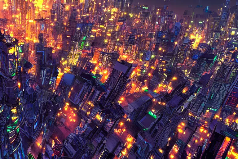 Prompt: sci - fi bangkok cityscape. wide angle night photo. helicopter view. exaggerated detail. volumetric lighting. pixel perfect painting by masamune shirow. 4 k