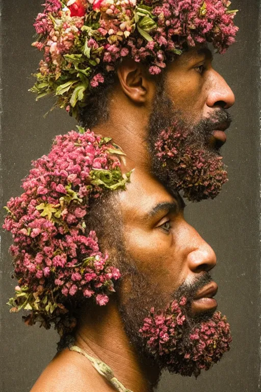 Image similar to an African American man's face in profile, long beard, made of flowers and fruit, in the style of the Dutch masters and Gregory crewdson, dark and moody