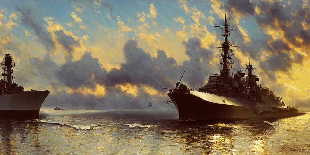 Image similar to detailed cinematic wide shot of world war 2 battleship, ultra realistic, spring light, painting by gaston bussiere, craig mullins, j. c. leyendecker.
