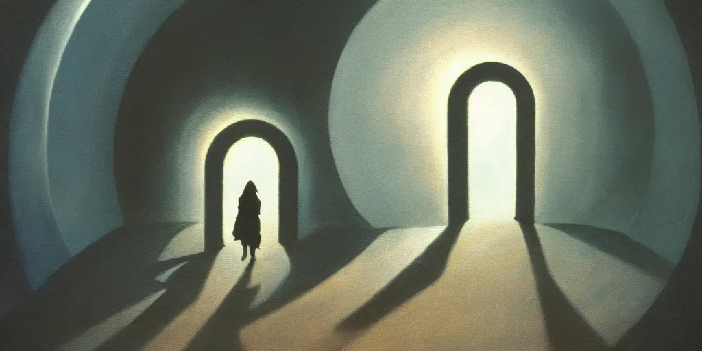 Prompt: a beautiful painting of a person walking out of a stargate by sven nordqvist 8 k particulate moody light film grain