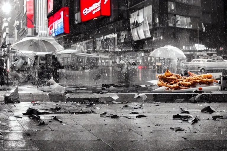 Image similar to commercial photography cinematic wide shot of fastfood falling down on the streets of new york, it's raining food