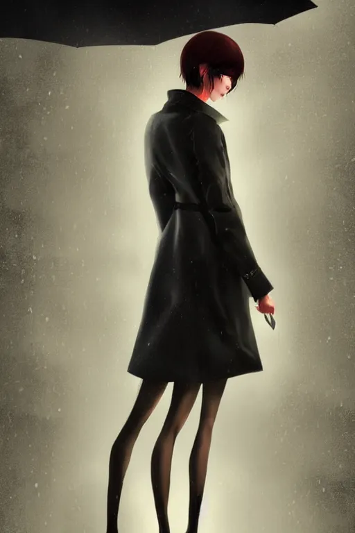 Image similar to highly detailed close-up of a beautiful girl with a very stylish trenchcoat by Ilya Kuvshinov, black medium length Dutch bob cut hair with straight bangs, heavy rain and mist, streetlights, rich cinematic atmosphere, poster, digital art