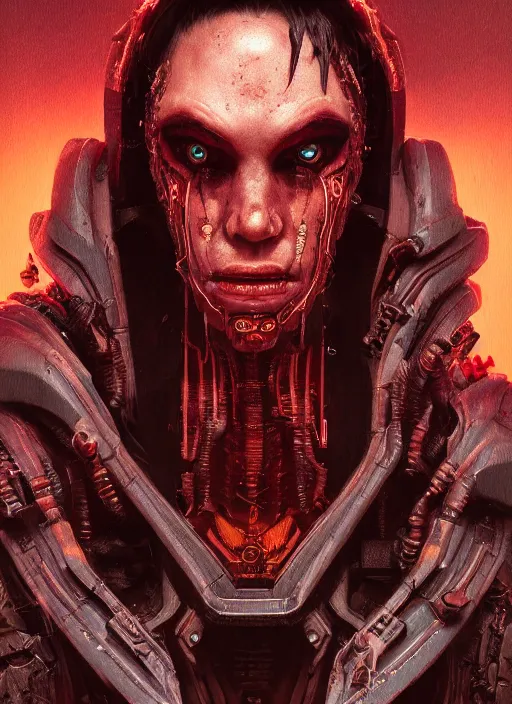 Image similar to cyberpunk portrait of a scary demon from doom, au naturel, hyper detailed, digital art, trending in artstation, cinematic lighting, studio quality, smooth render, unreal engine 5 rendered, octane rendered, art style by klimt and nixeu and ian sprigger and wlop and krenz cushart riot arcane overwatch