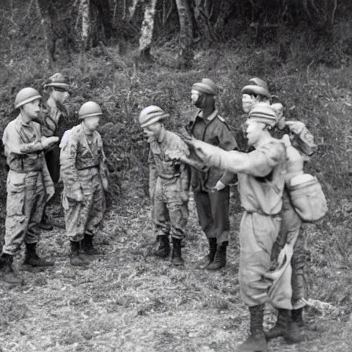 Prompt: Army Soldiers and Gray Aliens having a discussion. 1940s photograph.