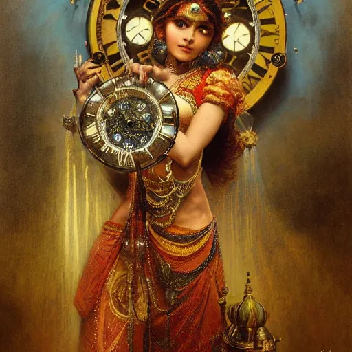 Prompt: detailed potrait of hindu traditional woman with high - tech steam punk clock face armour, girl graceful,, painting by gaston bussiere, craig mullins, j. c. leyendecker, lights, art by ernst haeckel, john william godward, hammershøi,,