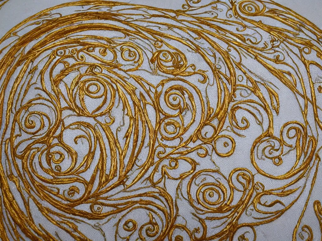 Image similar to heavenly sacred godly divine swirl art gold and white embroidery