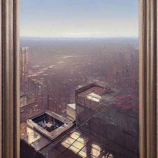 Prompt: the trappings of modern life, a view from the penthouse, oil painting by greg rutkowski
