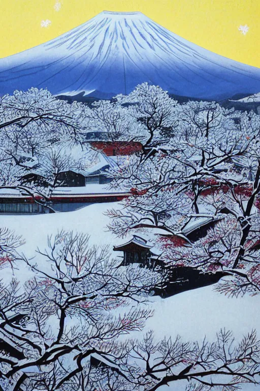 Prompt: Winter,Town at the Foot of Mount Fuji, by Taizi Harada.