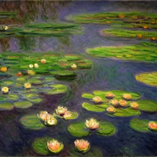 Image similar to at dusk ， water lilies in the pond, by claude monet, dramatic, impressionism, cinematic, reflection, light effect, 8 k hd detail, rendered in octane,