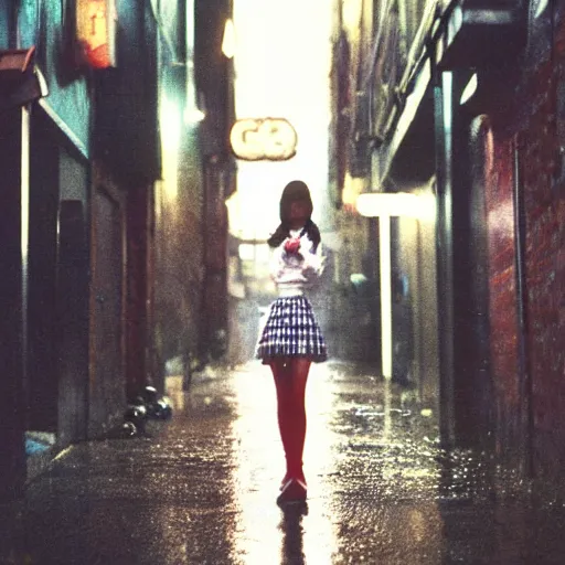 Image similar to 1990s perfect 8K HD professional cinematic photo of close-up japanese schoolgirl posing in dystopian alleyway with neon signs, at evening during rain, at instagram, Behance, Adobe Lightroom, with instagram filters, depth of field, taken with polaroid kodak portra