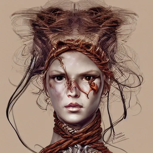 Image similar to portrait of a Shibari rope wrapped face and neck, headshot, insanely nice professional hair style, dramatic hair color, digital painting, of a old 15th century, old cyborg merchant, amber jewels, baroque, ornate clothing, scifi, realistic, hyperdetailed, chiaroscuro, concept art, art by Franz Hals and Jon Foster and Ayami Kojima and Amano and Karol Bak,