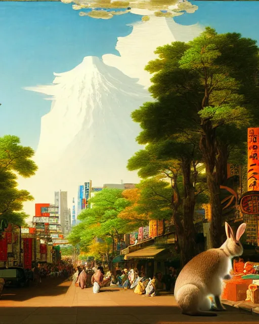 Image similar to a rabbit bear, sitting in tokyo, unique, sunny day, busy street, art by thomas cole