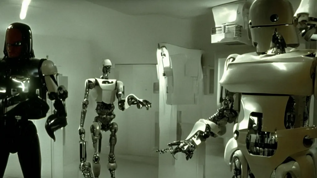 Image similar to movie scene of pulp fiction but with robots, movie still, cinematic composition, cinematic light, by david lynch