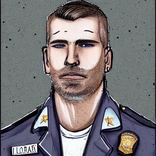 Image similar to portrait of a blonde police officer with short hair and a patchy beard, close up, grimy streets backdrop, detailed, art by loran desore