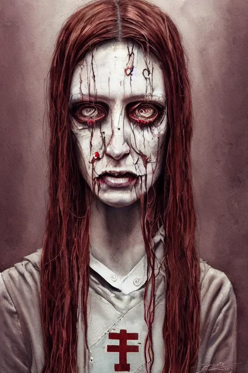 Image similar to watercolor cartoon grunge portrait of a creepy horror nurse girl . intricate abstract. intricate artwork. nightmare fuel. terrifying. by zdzisław Beksiński, wlop, dan mumford , trending on artstation, greg rutkowski very coherent symmetrical artwork. cinematic, hyper realism, high detail, octane render, 8k