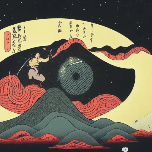 Image similar to a man falling into a black hole ukiyo - e, radiant light, detailed and intricate environment, 4 k, trending on art station, beautiful